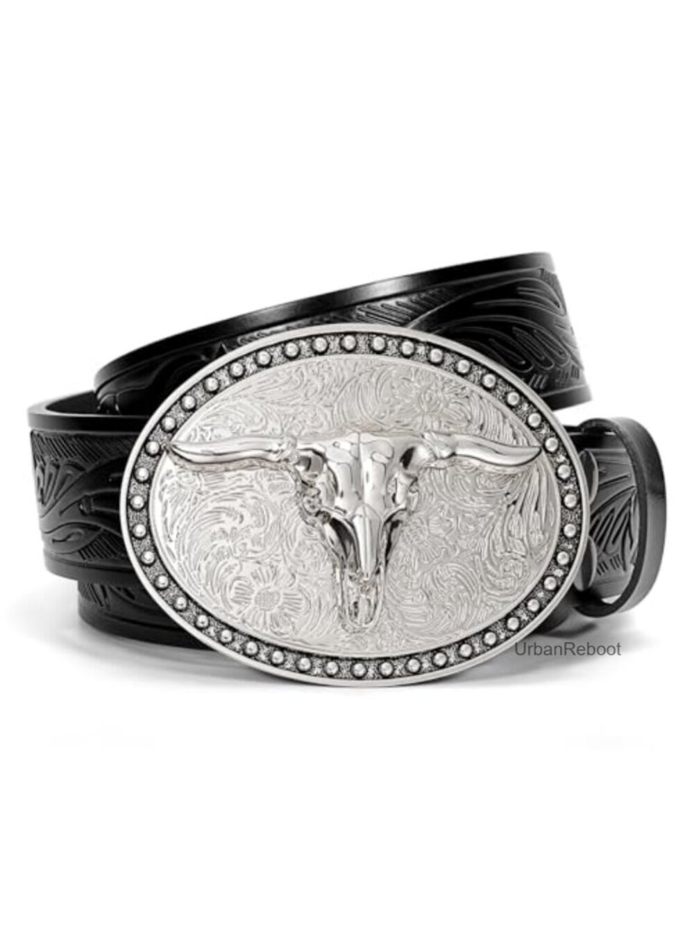 Genuine Leather Western Cowboy Belt Removable Bull Buckle for Jeans Men Women